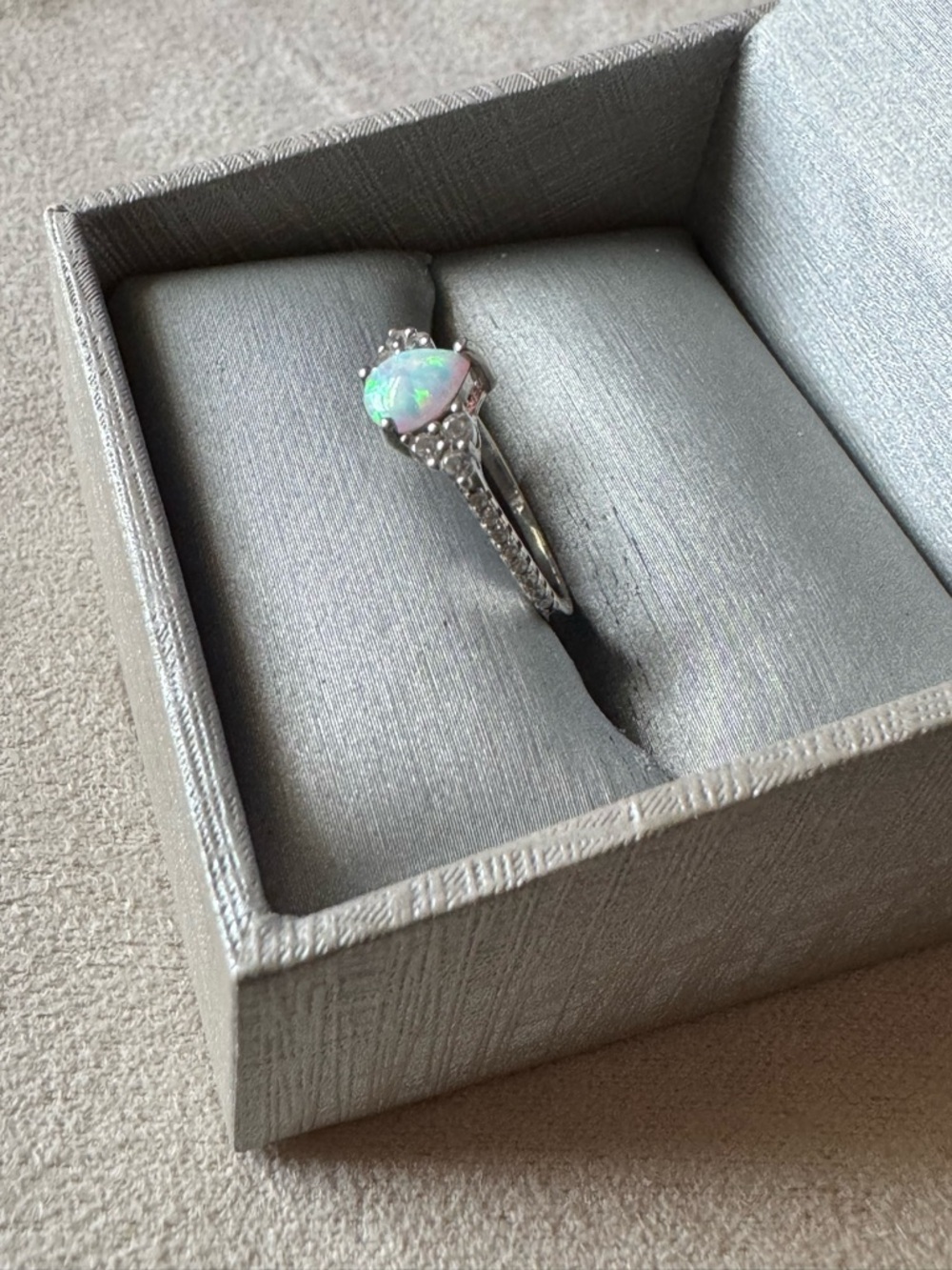 Sterling Silver Opal Teardrop Ring with Diamond Accents - White Opal